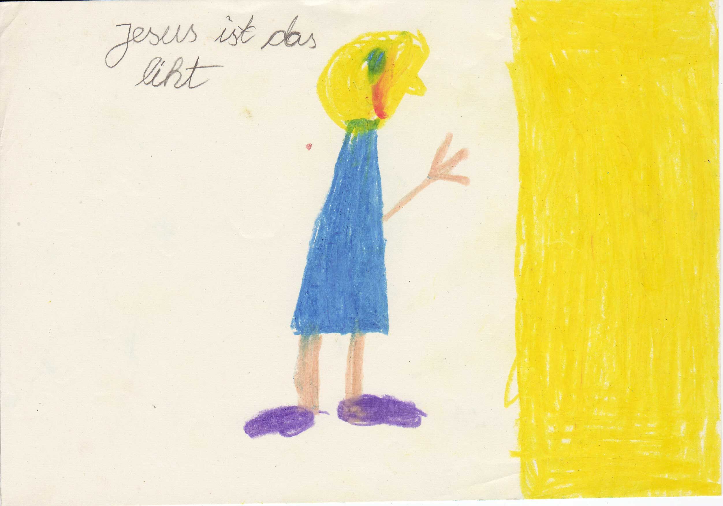Kinderzeichnung, Kind zeichnete Jesus lächelnd, daneben große gelbe strahlende Fläche und das Kind schreibt: Jesus ist das Licht. ((Dieses Bild nach den nächsten Abschnitt ziehen und etwas kleiner.